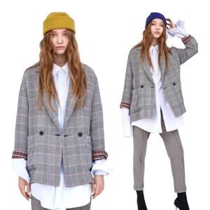 Zara TRF Houndstooth Plaid Oversized Jacket Blazer S/M New Money Gray Academia
